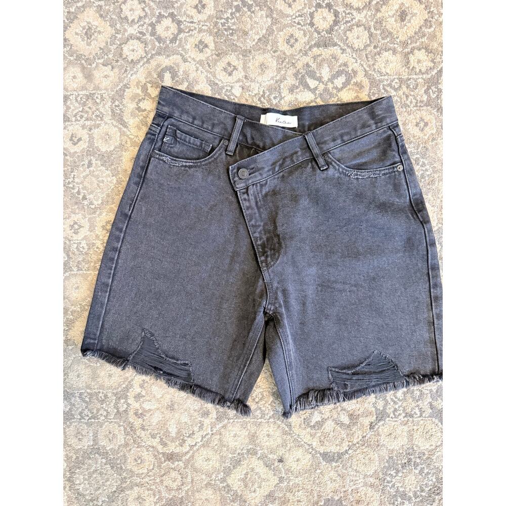 Kancan Black Denim Distressed Crossover Front Cutoff Shorts Women Size 7 Raw Hem